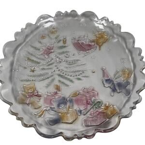 Share the Joy Christmas Platter 13.5" Glass Holiday Serving Plate Pastel Santa